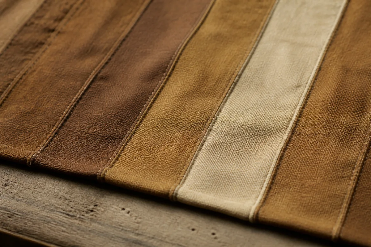 Pièce de bogolan malien ocre et brun tendue à plat, coutures d&rsquo;assemblage des bandes visibles en lumière rasante