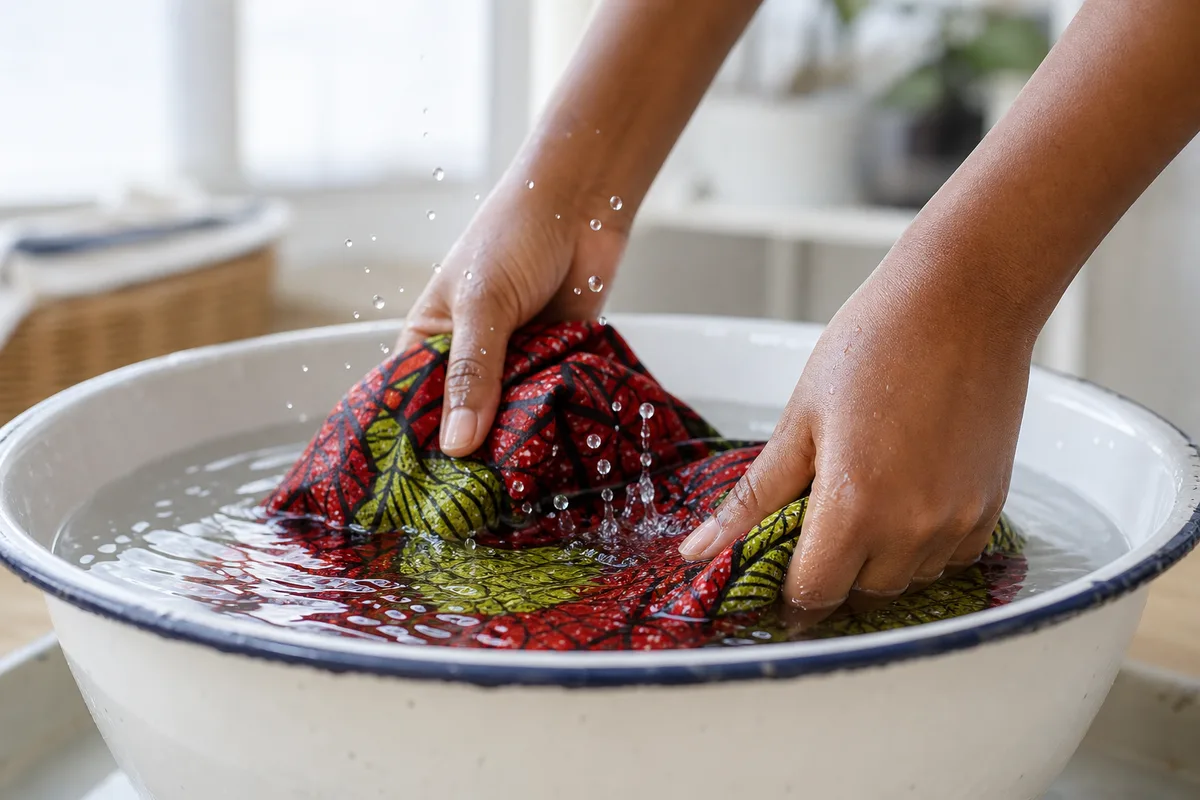 Mains plongeant un coupon de tissu wax coloré dans une bassine d’eau claire pour le prélavage