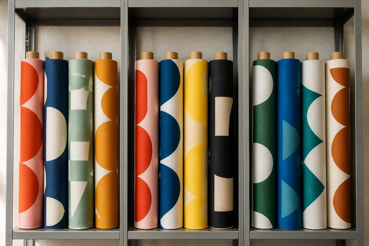 Rouleaux de tissu imprimé rangés à la verticale sur une étagère métallique dans une réserve de boutique