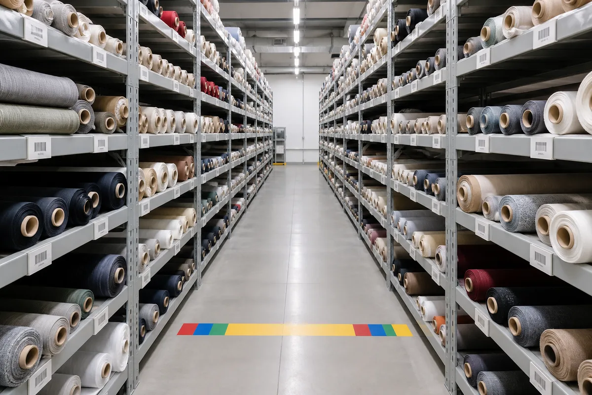 Réserve de boutique textile rangée, allées numérotées et étiquettes code-barres fixées sur les lisses