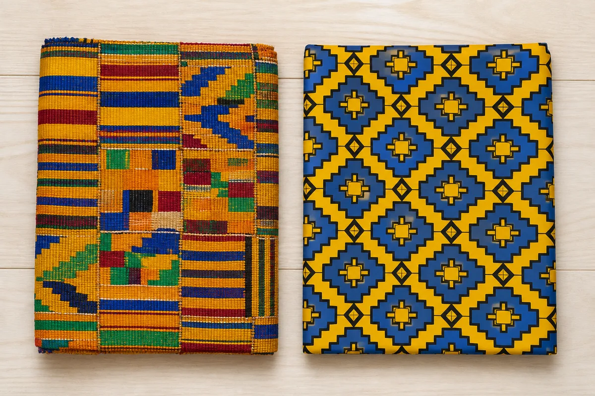 Deux pagnes pliés côte à côte sur une table claire, l&rsquo;un tissé à bandes cousues, l&rsquo;autre imprimé uniforme