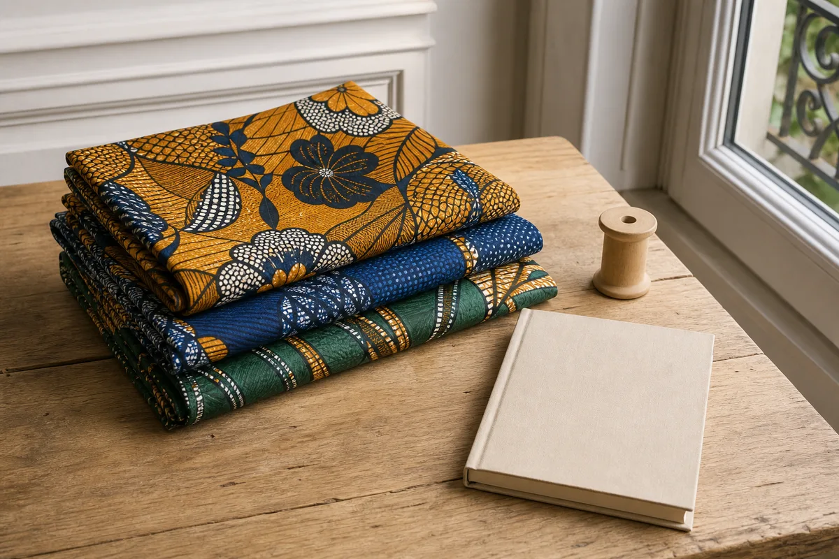 Coupons de tissu wax colorés pliés sur une table en bois clair près d une fenêtre