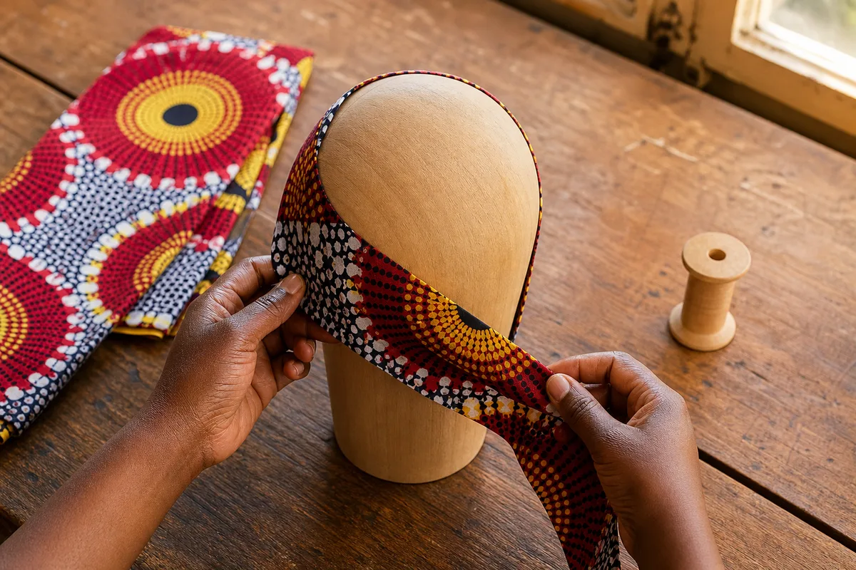 Mains nouant un foulard imprimé africain sur une tête à perruque en bois