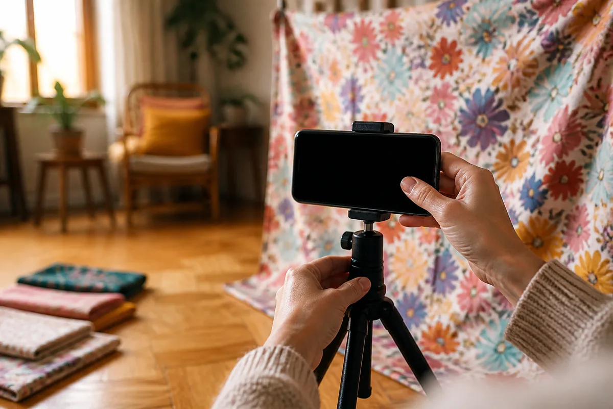 Mains posant un smartphone sur un petit trépied face à un tissu coloré tendu, lumière douce de fenêtre