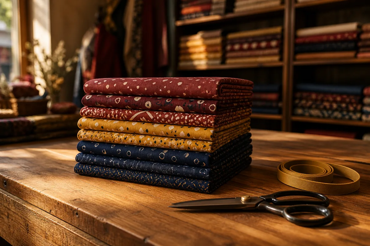 Pile de coupons de tissu pliés sur un comptoir de boutique à côté d un mètre ruban souple, lumière chaude